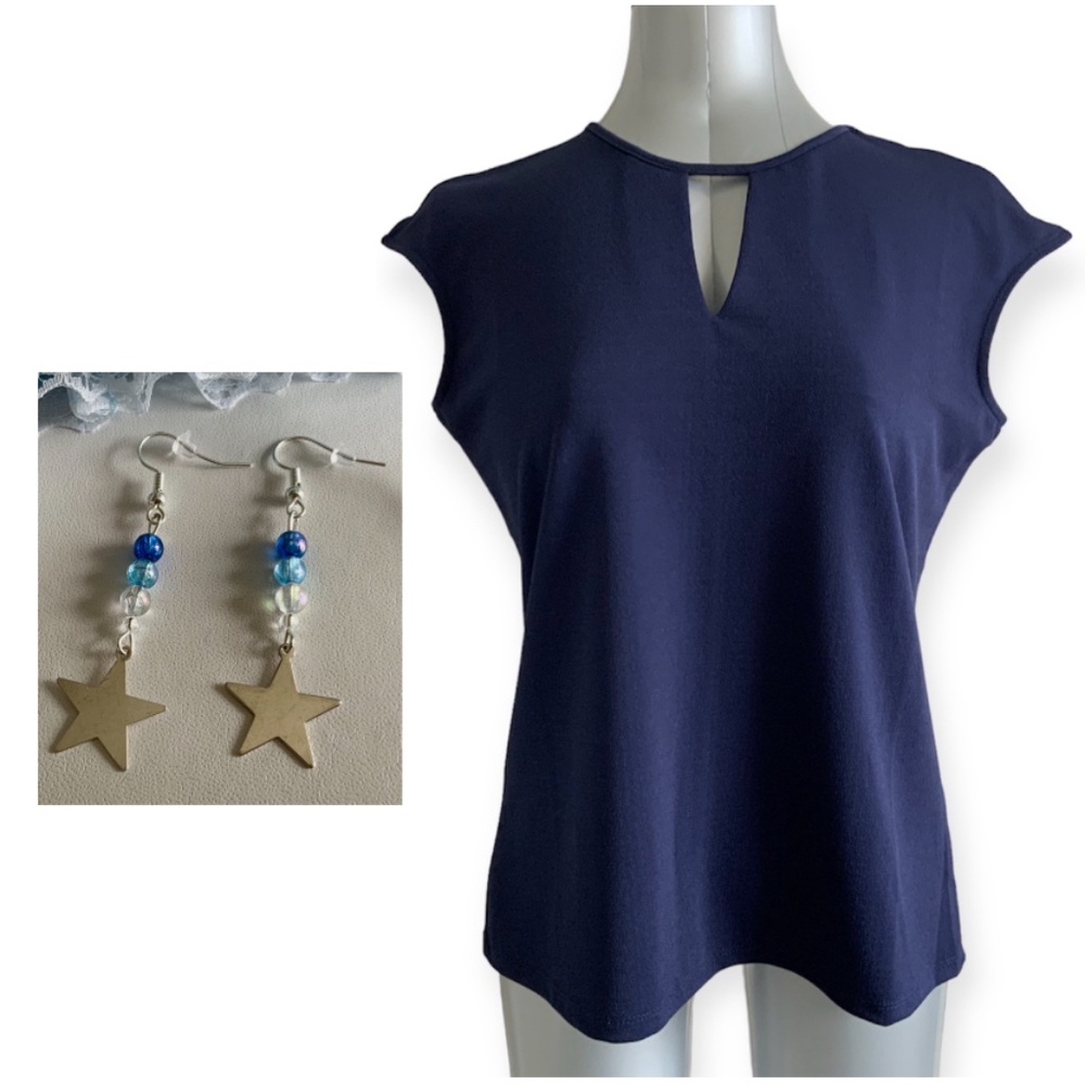 Women’s Navy Dark Blue Shirt Stretch Minimalist Top size M-L & Handmade Earrings